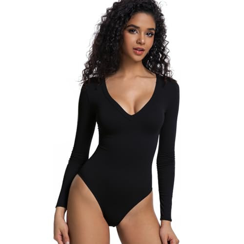 Bolsamila Bodysuits for Women Long Sleeve Deep V Neck Slim Fit Shirt Body Suits Thong Going Out Tops Black L | Amazon (US)