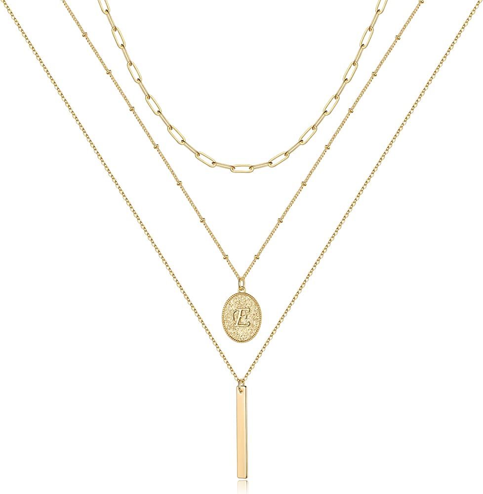 Gold Layered Initial Necklaces for Women, 14K Gold Plated Coin Letter Necklace Layering Paperclip Ch | Amazon (US)