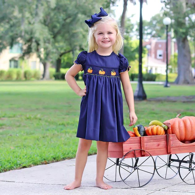 Navy Pique Smocked Pumpkins Dress | Classic Whimsy
