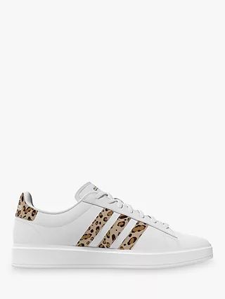adidas Grand Court Leopard Lace Up Trainers, White/Beige/Gold | John Lewis (UK)