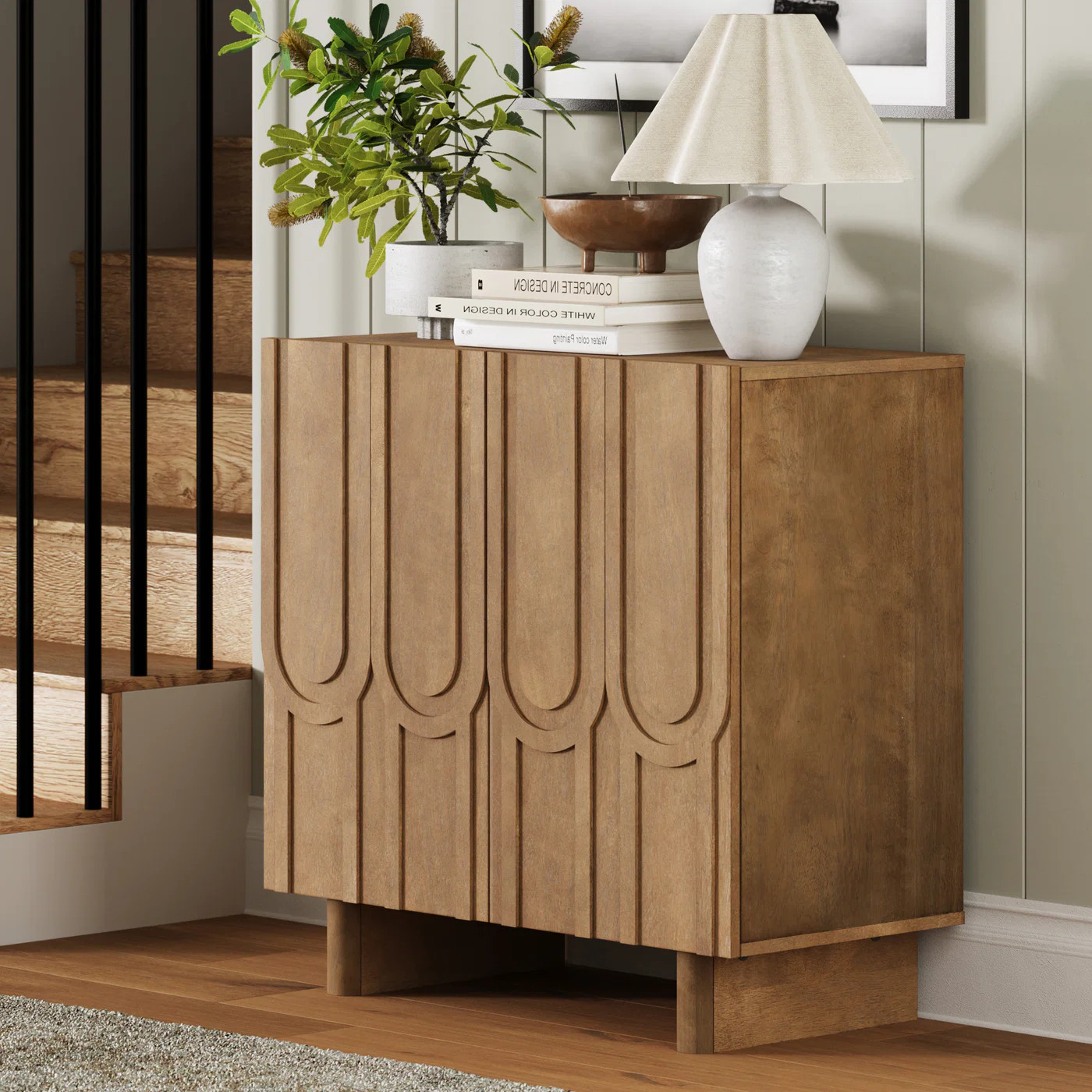 Mid Century Style Credenza with Geometric Carved Doors Light Brown | Nathan James