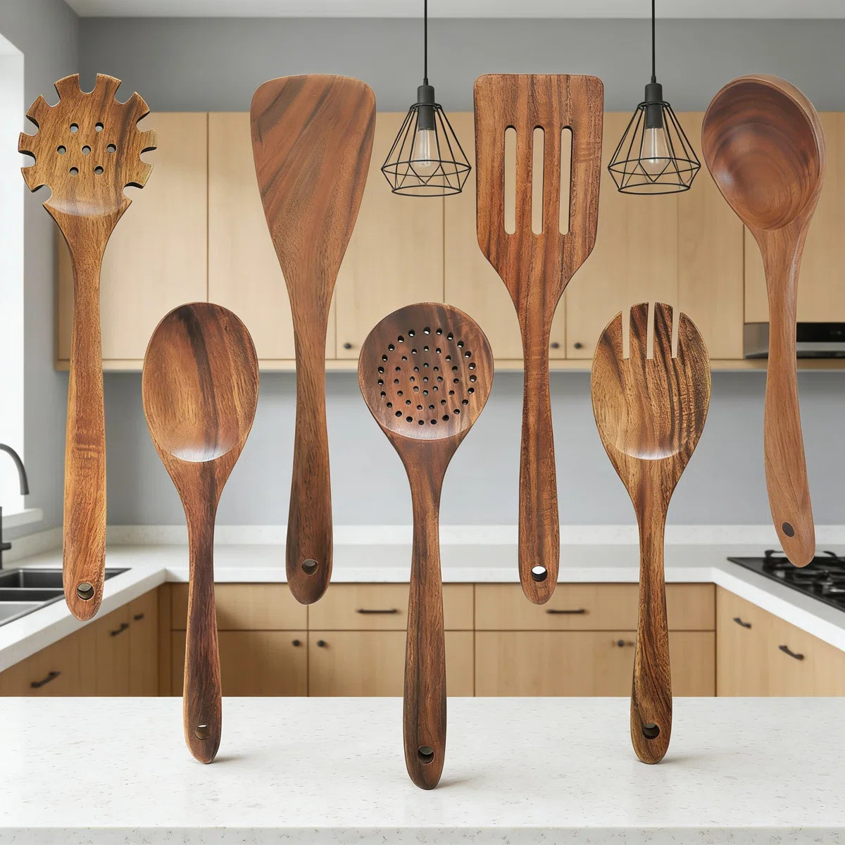 Teak Wood Kitchen Utensils Set For Non-Stick Cookware - 7 Piece Wooden Cooking Spoons And Spatula... | Wayfair North America