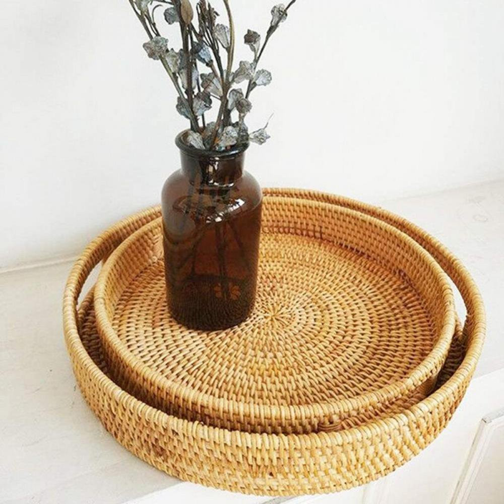 ZDMATHE Rattan Storage Tray Round Basket Hand-Woven Rattan Tray Wicker Basket Bread Fruit Food Br... | Walmart (US)