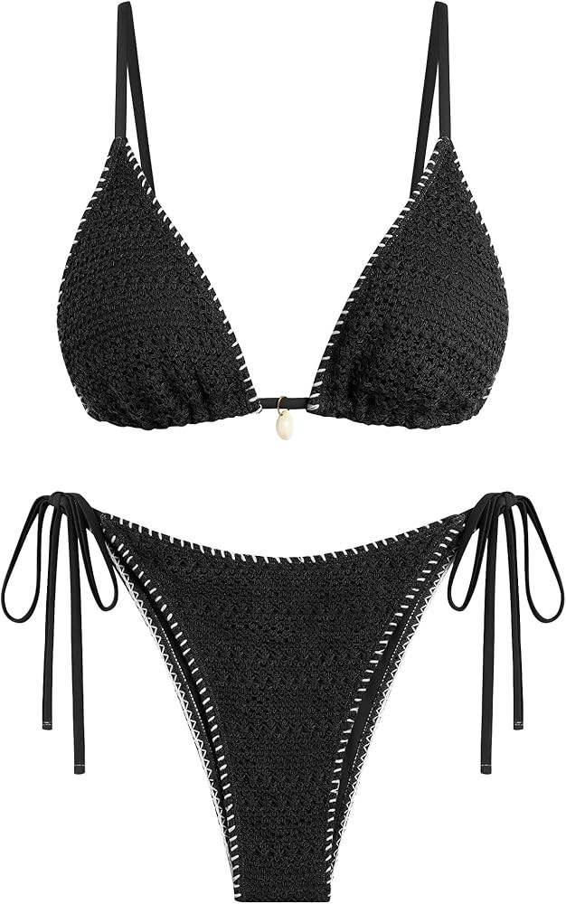 ZAFUL Women's Sexy Triangle Bikini Set Crochet Tie Side String Cheeky Swimsuit 2 Piece Bathing Su... | Amazon (US)