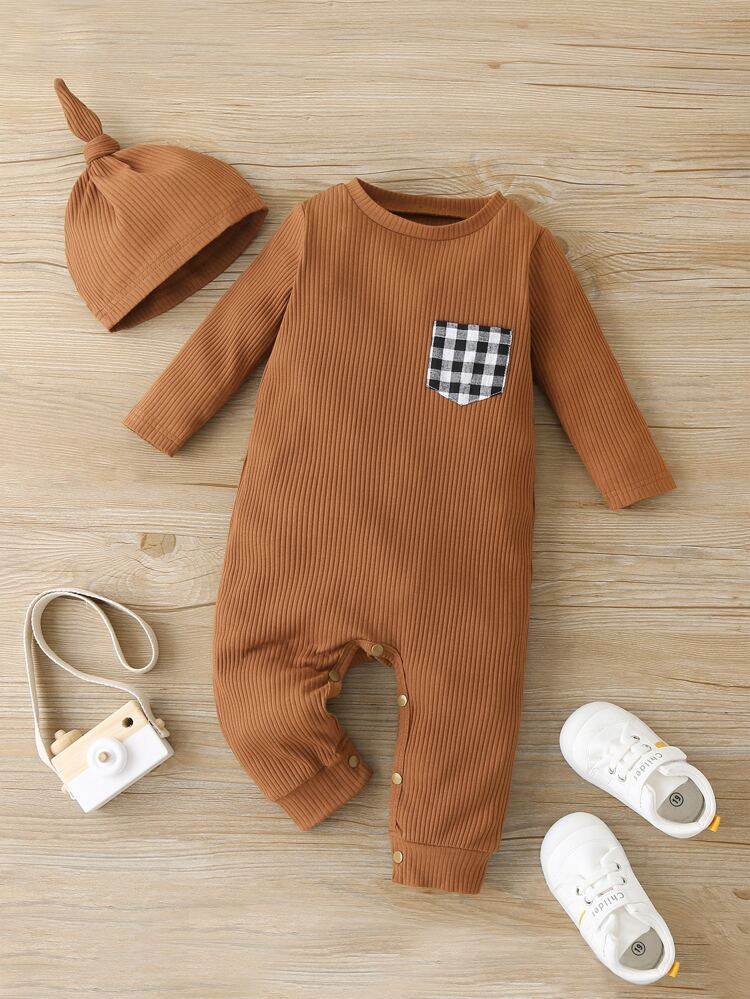 Baby Boy Gingham Pocket Jumpsuit & Hat | SHEIN