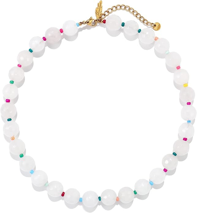 Elegance 11 designs White Beaded Gemstone Necklace for Women, Chunky Beach Waterproof Stainless S... | Amazon (US)