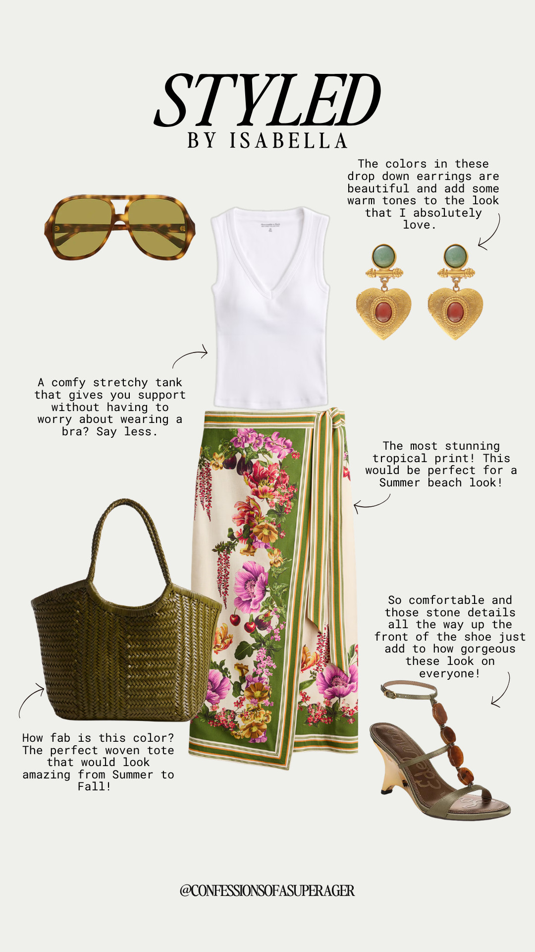 Bring the tropics wherever you go with this effortlessly chic summer outfit! 🌺 A flattering white tank, vibrant floral wrap skirt, woven tote, statement earrings, and strappy sandals create the perfect vacation-ready look for beach days, resort dinners, cruises, and summer getaways. 

✨ #LTKStyle #LTKFashion #SummerStyle #ResortWear #VacationOutfit #BeachStyle #TropicalPrint #FloralSkirt #CoastalChic #SummerWardrobe #CapsuleWardrobe #WovenBag #StatementEarrings #VacationFashion #TravelStyle #EffortlessStyle #FashionOver40 #FashionOver50 #LuxuryStyle #ConfessionsOfASuperAger

#LTKootd #LTKSeasonal #LTKSaleAlert