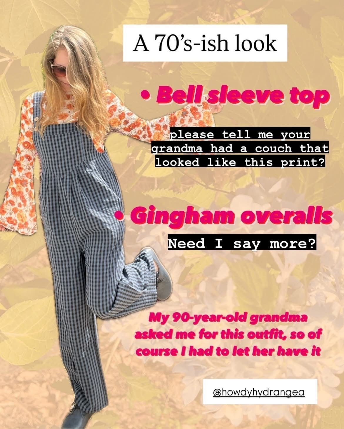 OUTFIT FORMULAS PART V ✨✨✨

RIP Granny 🕊️

/// outfit repeating, retro, 70s, bell sleeve, overalls, gingham, ootd, outfit series 

#LTKGiftGuide #LTKdayinmylife #LTKselfcare