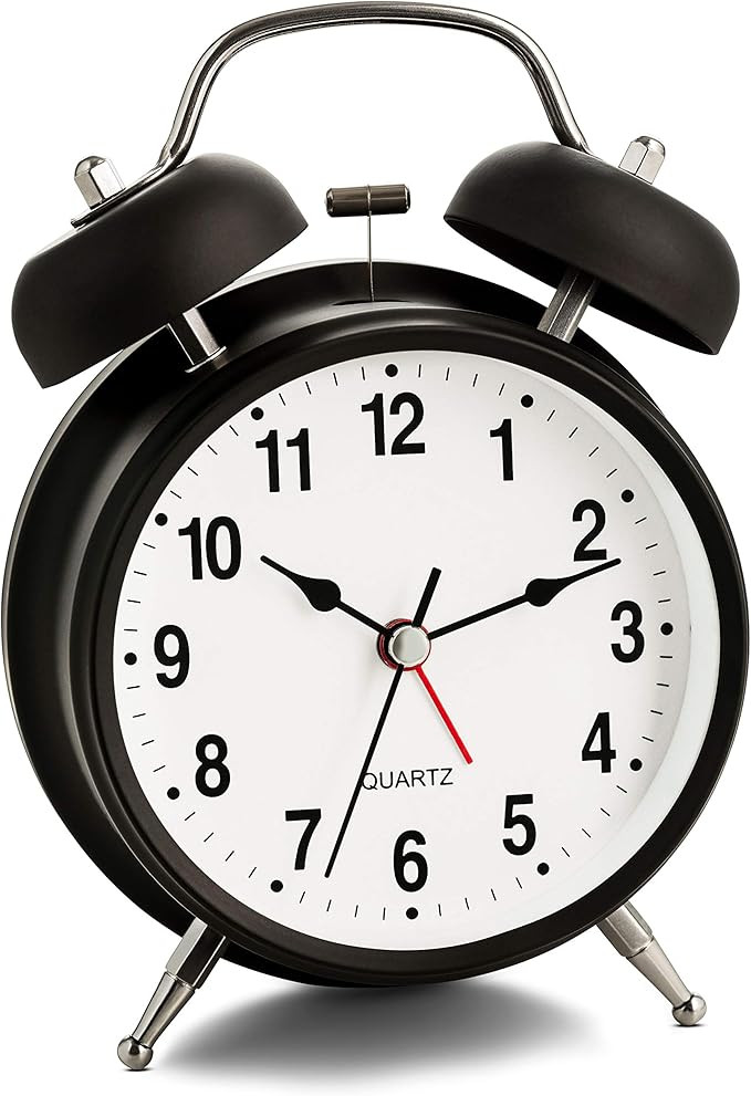 Bernhard Products Analog Alarm Clock 4" Twin Bell Black Metal Silent Non-Ticking Quartz Battery O... | Amazon (US)