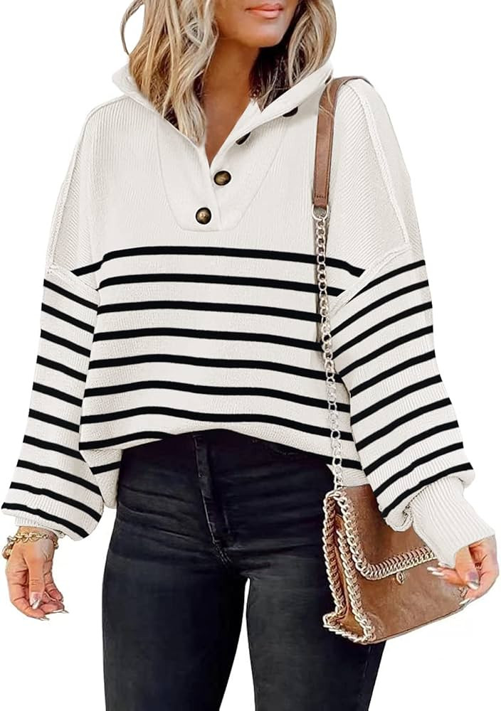 ETCYY Womens Striped Sweaters Fall 2022 Batwing Long Sleeve Side Slit Oversized Crew Neck Knit Pu... | Amazon (US)