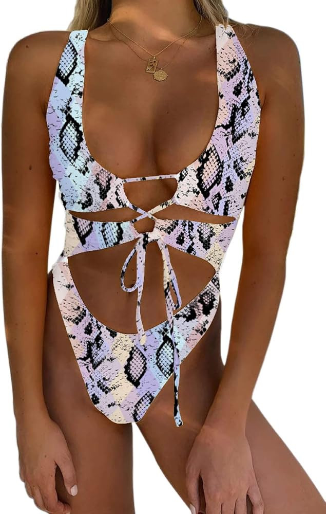 CHYRII Women's Sexy Cutout Lace Up Backless High Cut One Piece Swimsuit Monokini | Amazon (US)