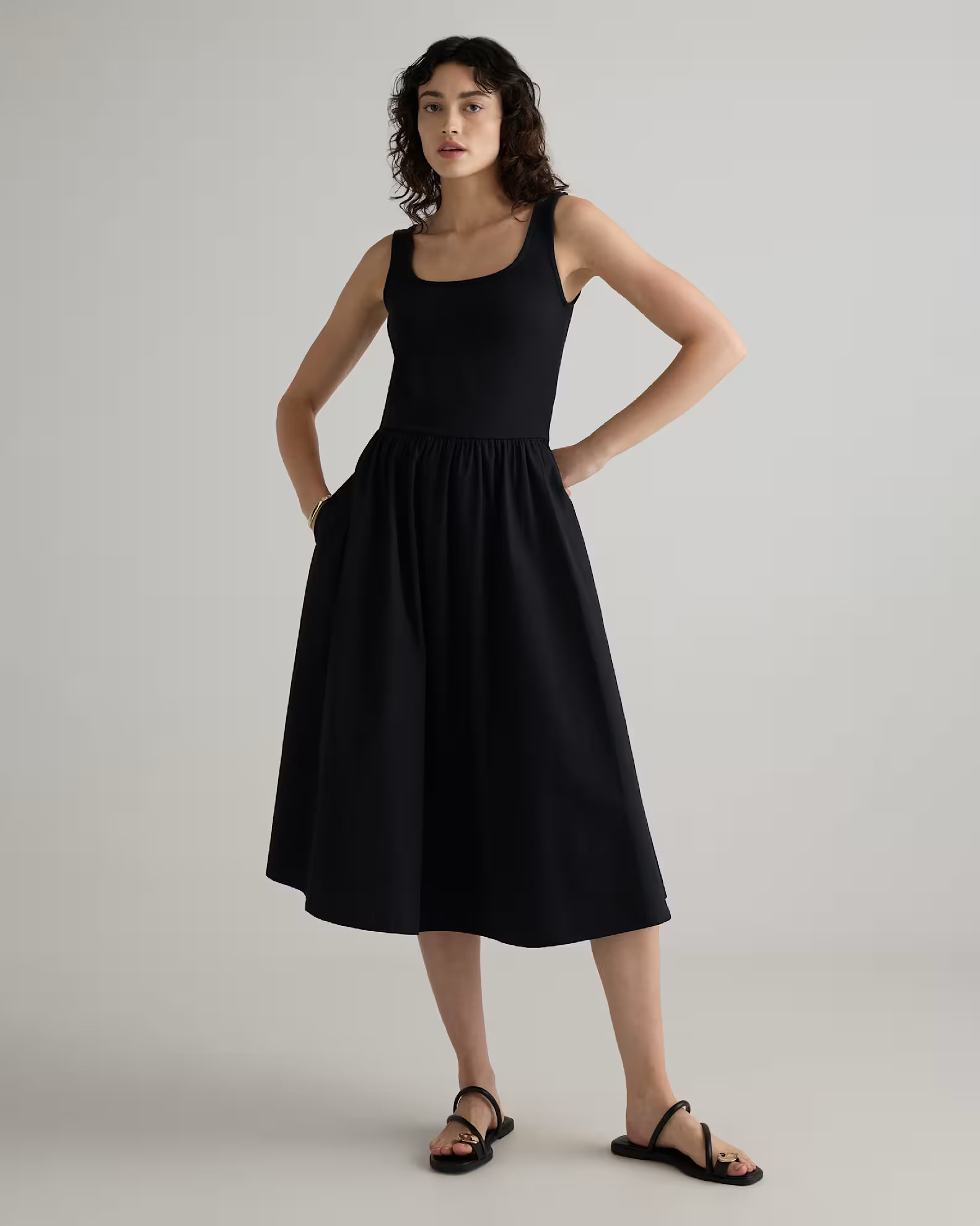 Cotton Mixed Media Tank Dress in Black | Quince