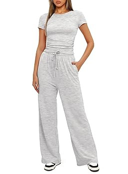 Darong Women's 2 Piece Set Summer Outfits Lounge Sets Ruched Short Sleeve Tops High Waisted Wide ... | Amazon (US)