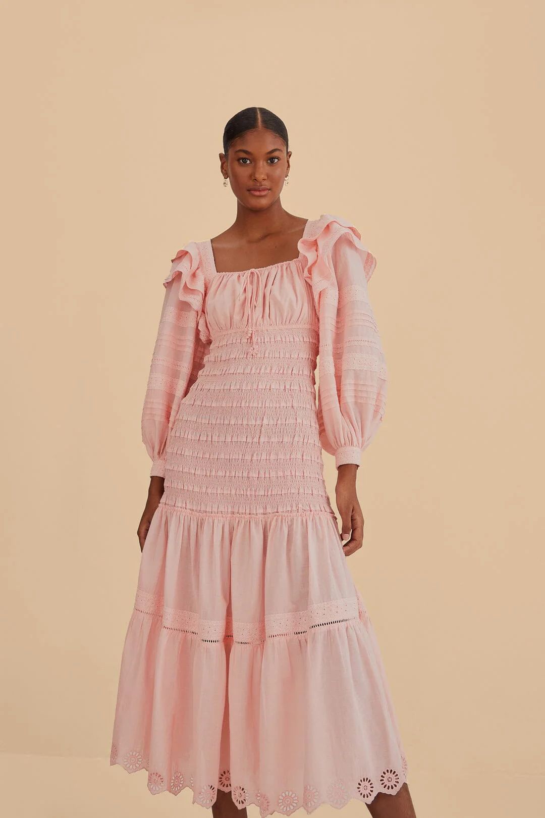 Light Pink Long Sleeve Smocked Midi Dress | FarmRio