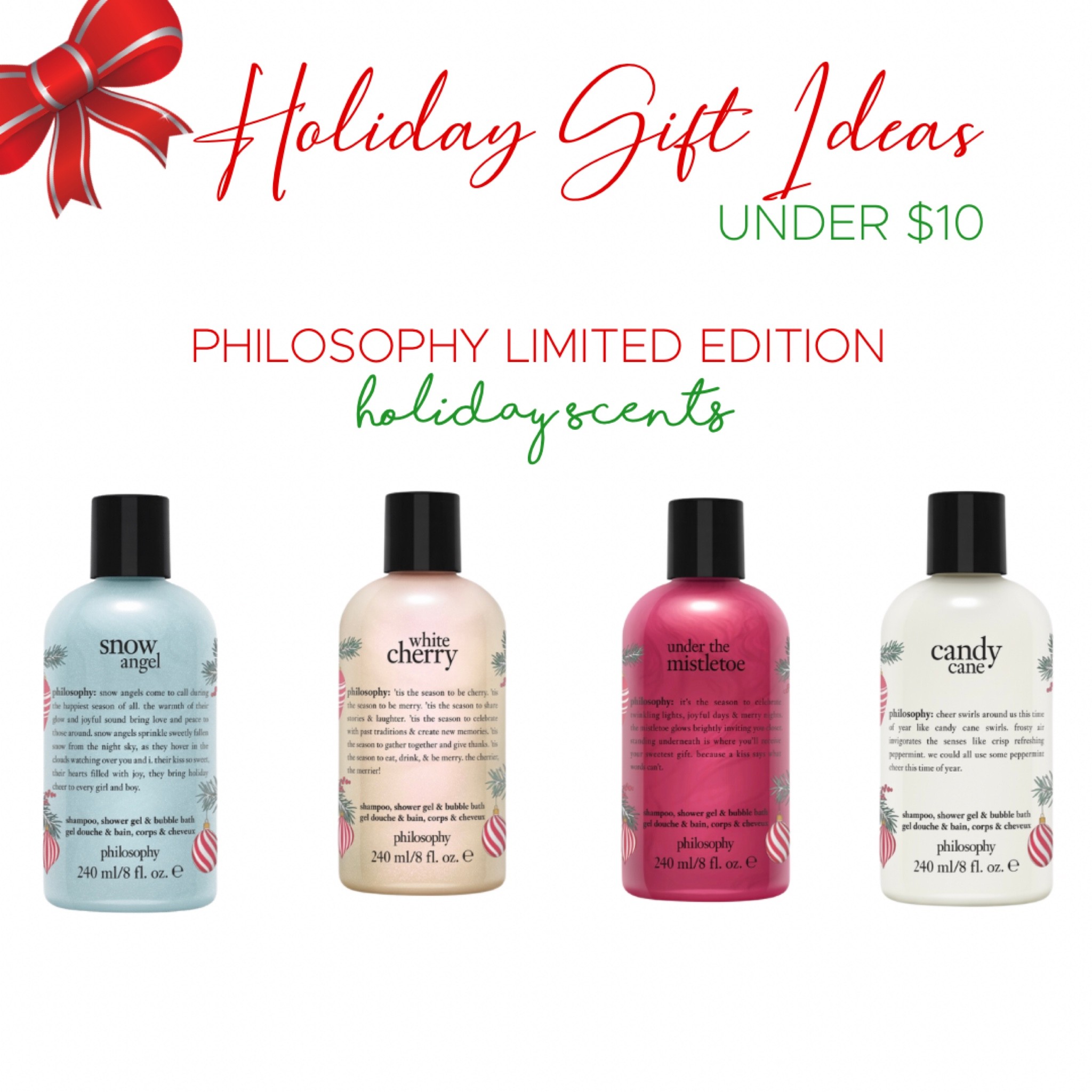 Philosophy always comes through during the holidays with their #limitededition holiday scents! These smell AMAZING & we absolutely love them!

#bubblebath #shampoo #Christmas #ChristmasGiftIdeas # gift ideas #giftsunder10

#LTKbeauty #LTKGiftGuide #LTKhome