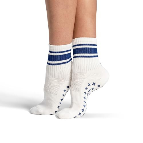 Kamo Fitness Pilates Socks with Grips for Women - Non-Slip Yoga, Barre Grip Sock - Grippy Cotton Crew Socks for Pilates, Yoga, Ballet, Reformer (White & Navy Touch, One Size) | Amazon (US)