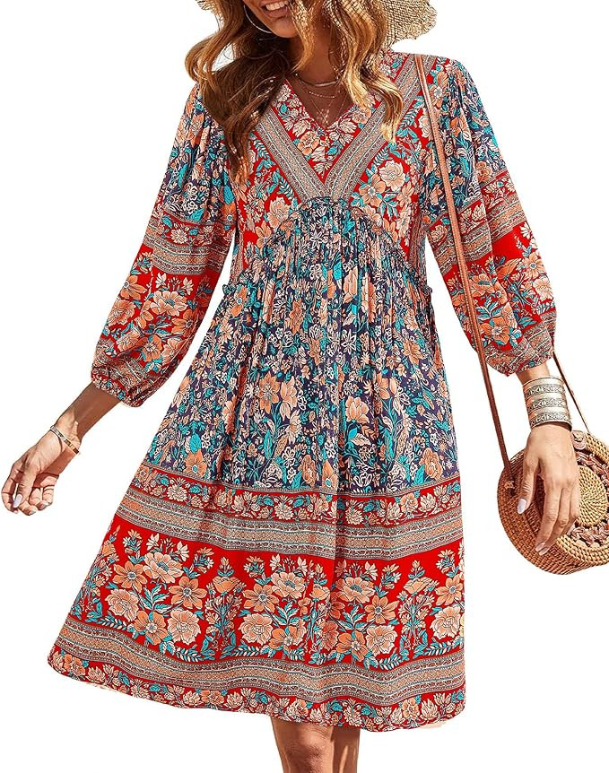 BTFBM Women Casual Spring Summer Dresses V Neck 3/4 Long Sleeve Ruffle Floral Flowy Boho Babydoll... | Amazon (CA)