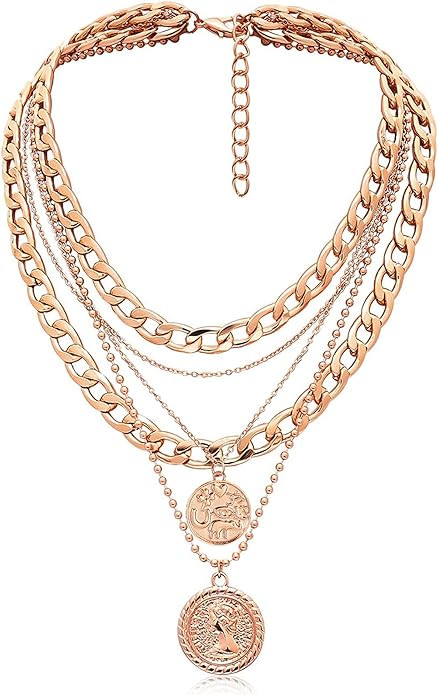 MJartoria Layered Necklaces for Women Trendy Retro Coin Pendant Necklace Dainty Chunky Chain Chok... | Amazon (US)