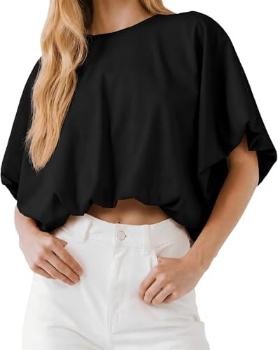 Women's Bubble Hem Crop Tops Summer Short Sleeve Crewneck Loose Fit Casual Cropped T Shirts Soft ... | Amazon (US)