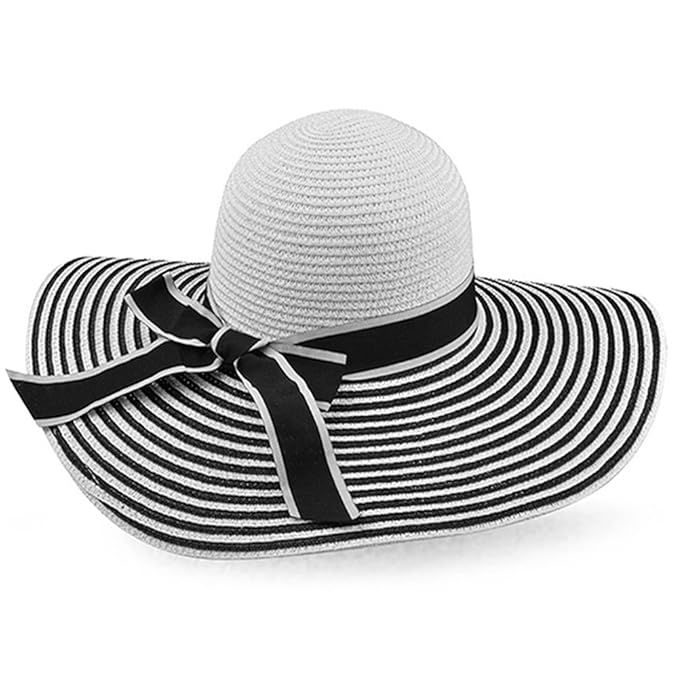 LOCOMO Black White Striped Bow Wide Brim Floppy Straw Hat FFH194BLK | Amazon (US)