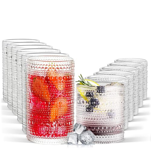 Hobnail Drinking Glasses Set of 12, 11.8 oz Vintage Glasses Drinking Set & 10 oz Cocktail Glasses... | Amazon (US)