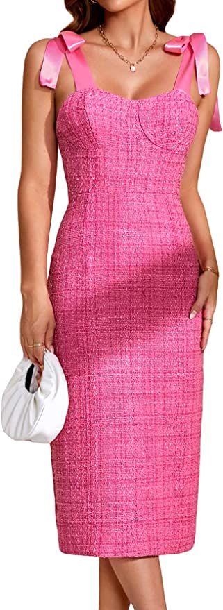 WDIRARA Women's Tie Shoulder Tweed Sleeveless Backless Split Hem Solid Cami Midi Dress | Amazon (US)