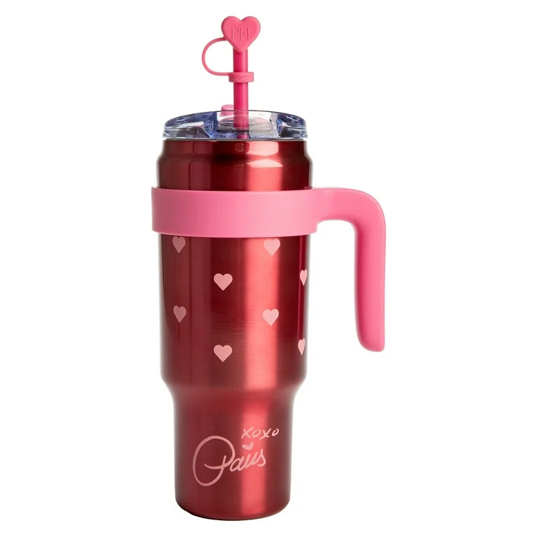 Paris Hilton 40oz Stainless Steel Tumbler with Removable Handle, Straw, and Lid, Pink with Hearts | Walmart (US)