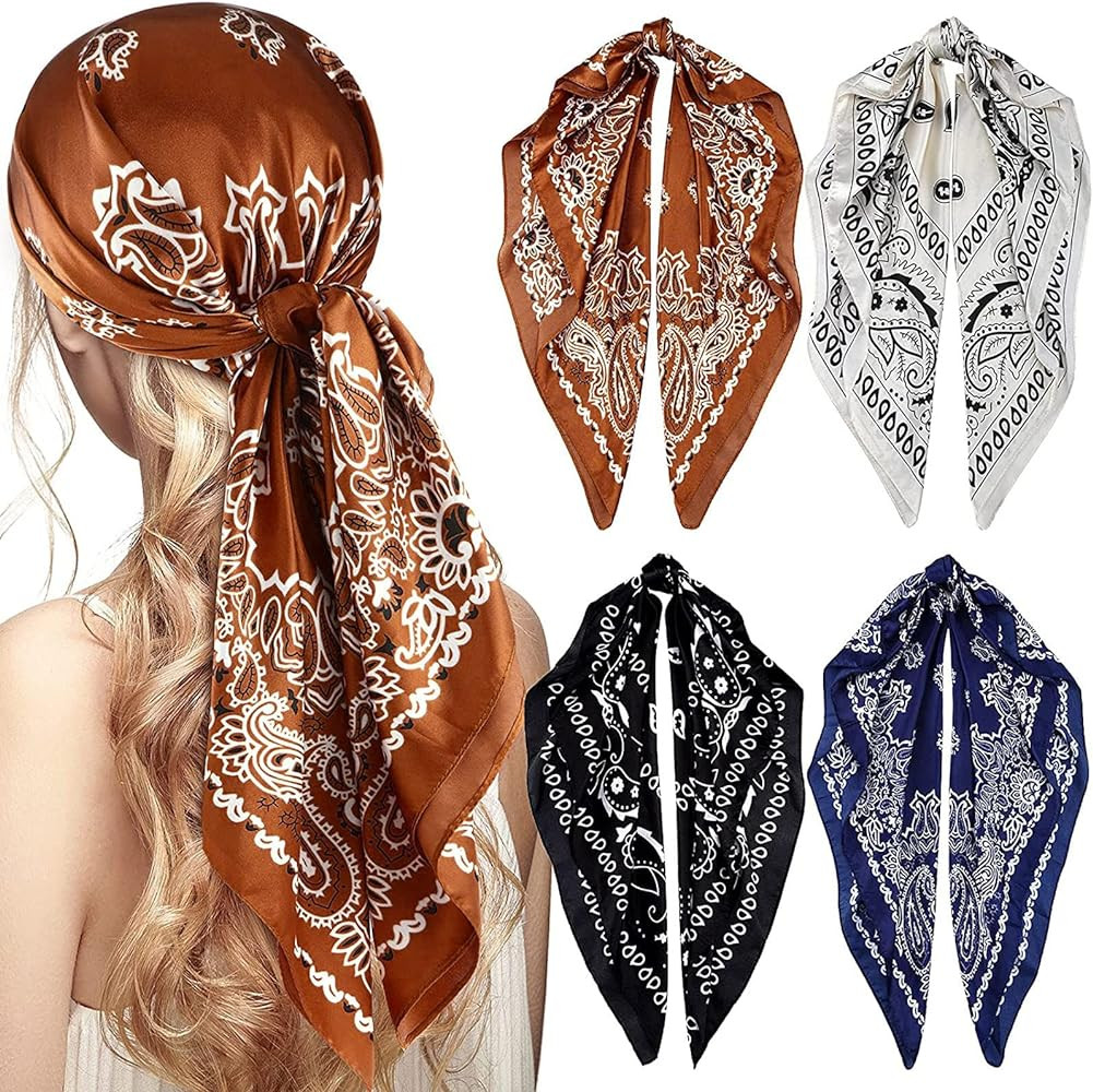 Honoson 4 Pcs 35 Inch Satin Head Scarf for Women's Hair Square Bandanas Large Silk Scarves for Sl... | Amazon (US)