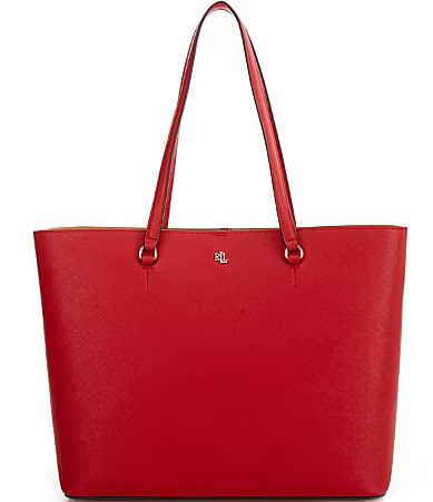 Lauren Ralph Lauren Crosshatch Leather Large Karly Tote Bag - Bright Red | Dillard's