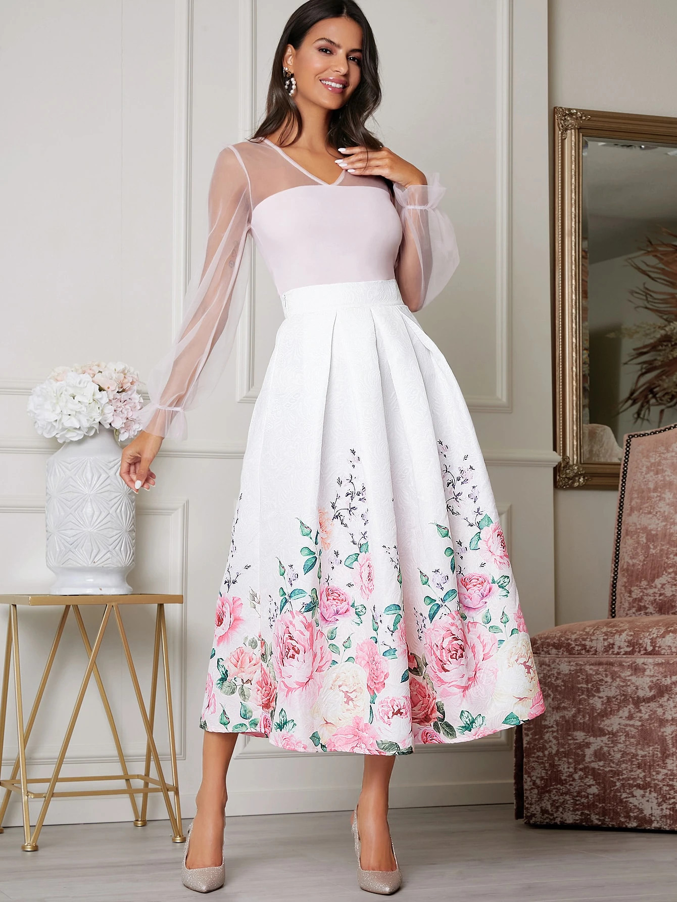 EMERY ROSE Boxy Pleated Floral Jacquard Skirt | SHEIN