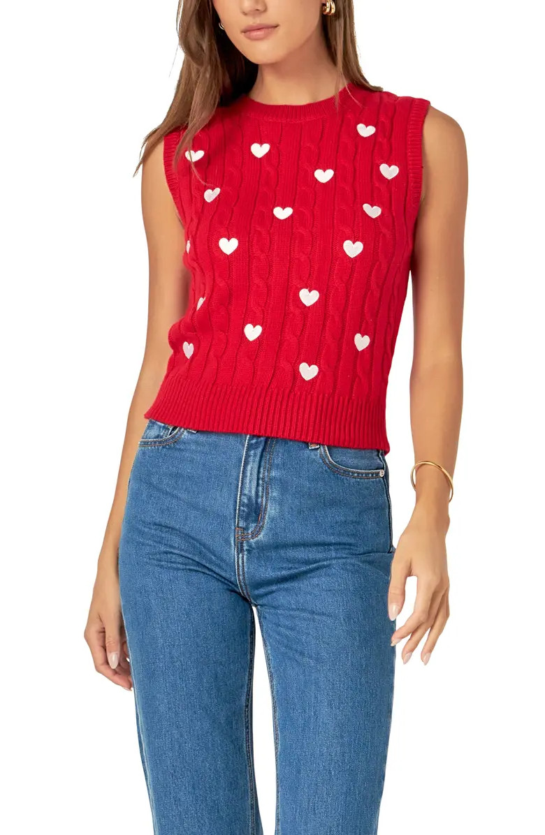 English Factory Heart Embroidered Sleeveless Cable Sweater | Nordstrom | Nordstrom