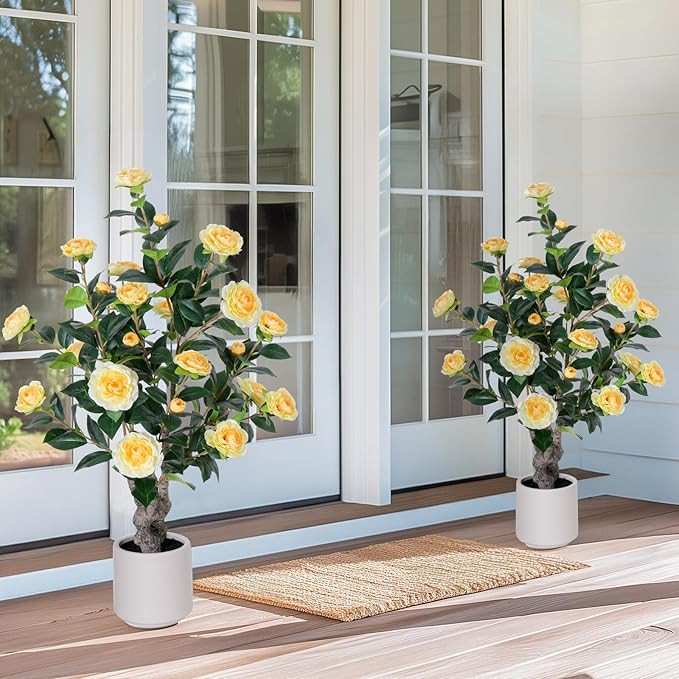 2 pcs Pack Yellow Artificial Camellia Tree - 39 inch Faux Plants with White Planter,3.2 Ft Artifi... | Amazon (US)