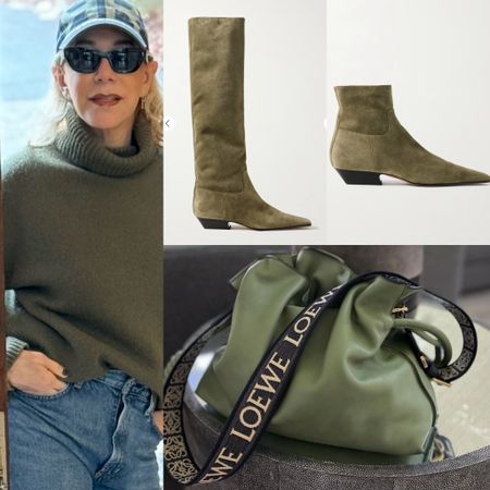 When I recently mentioned the biggest color trends being Brown, Pink and shades of Garnet I forget to mention Army Green which has been one of my faves for years. It’s timeless and can be worn for season to come. 
Love and want Khaite’s velvet suede boots which are also available in chocolate brown. I’d pair with my Loewe bag, sweater or pants in the same tone. They look with jeans. Let’s start shopping! 

#LTKitbag #LTKshoecrush #LTKSeasonal