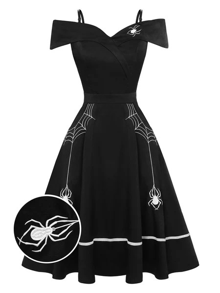 Black 1950s Halloween Off-Shoulder Spider Web Dress | Retro Stage