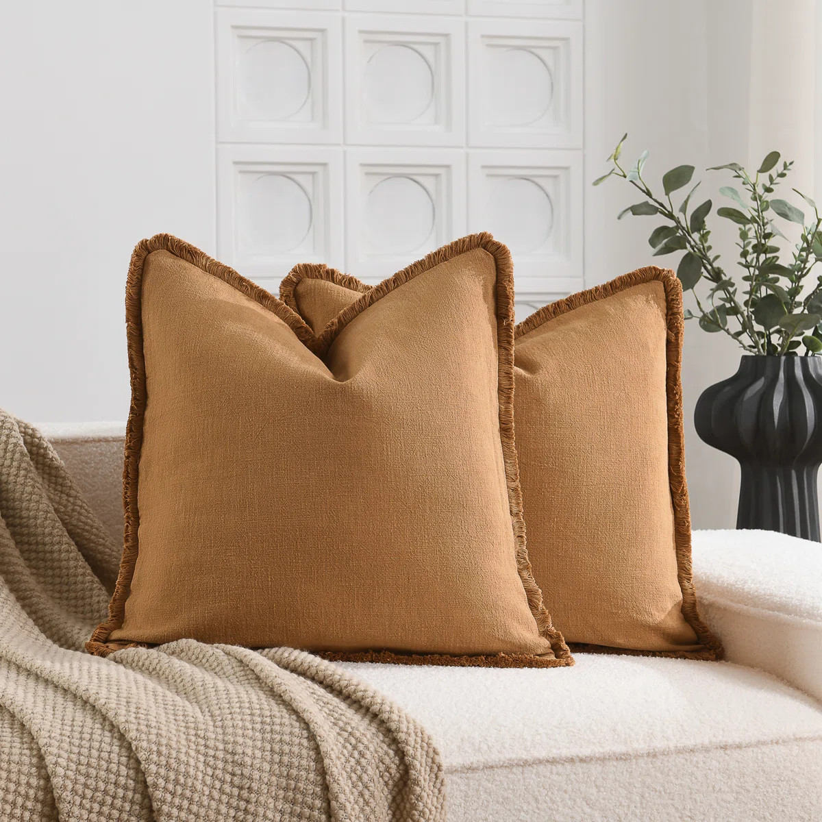 Cozy Soft Washed Linen Textured Boho Farmhouse Pillow Cover With Tassels Edge (Set of 2) | Wayfair North America