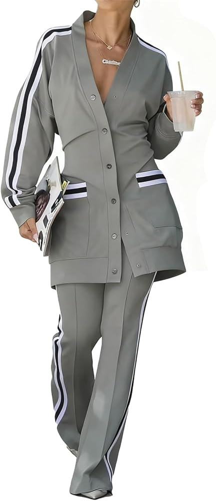 Qikaka Women's 2 PCS Colorblock Blazer Jackets Bodycon Pants Sexy Nightclub Party Tracksuit Outfi... | Amazon (US)
