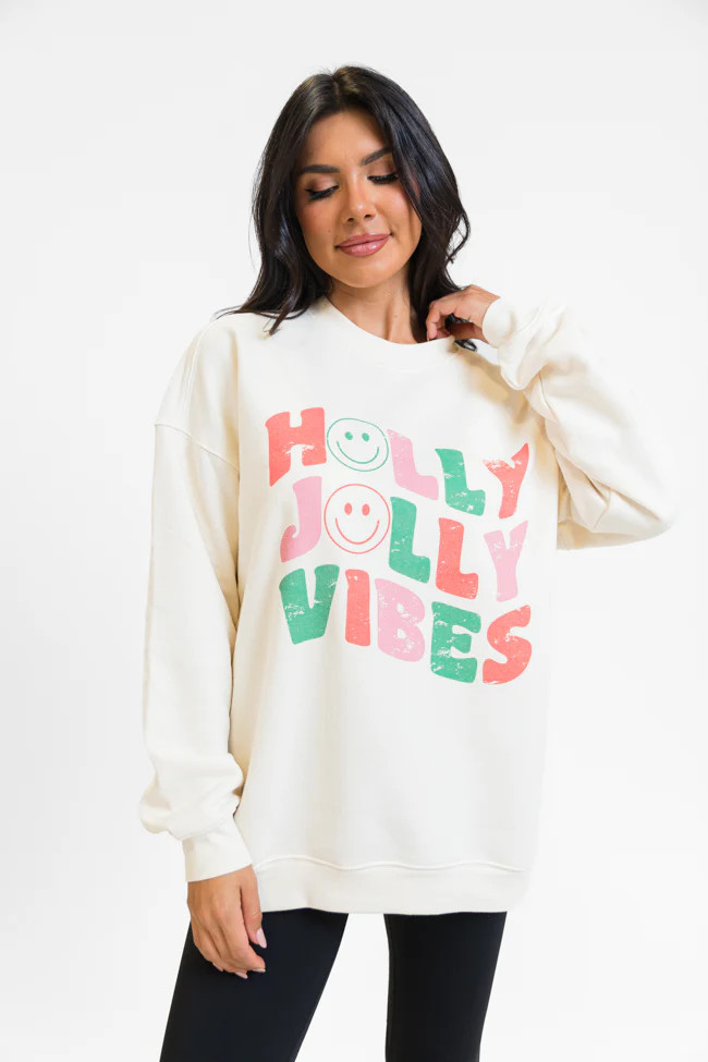 Holly Jolly Vibes Cream Graphic Sweatshirt SALE | Pink Lily