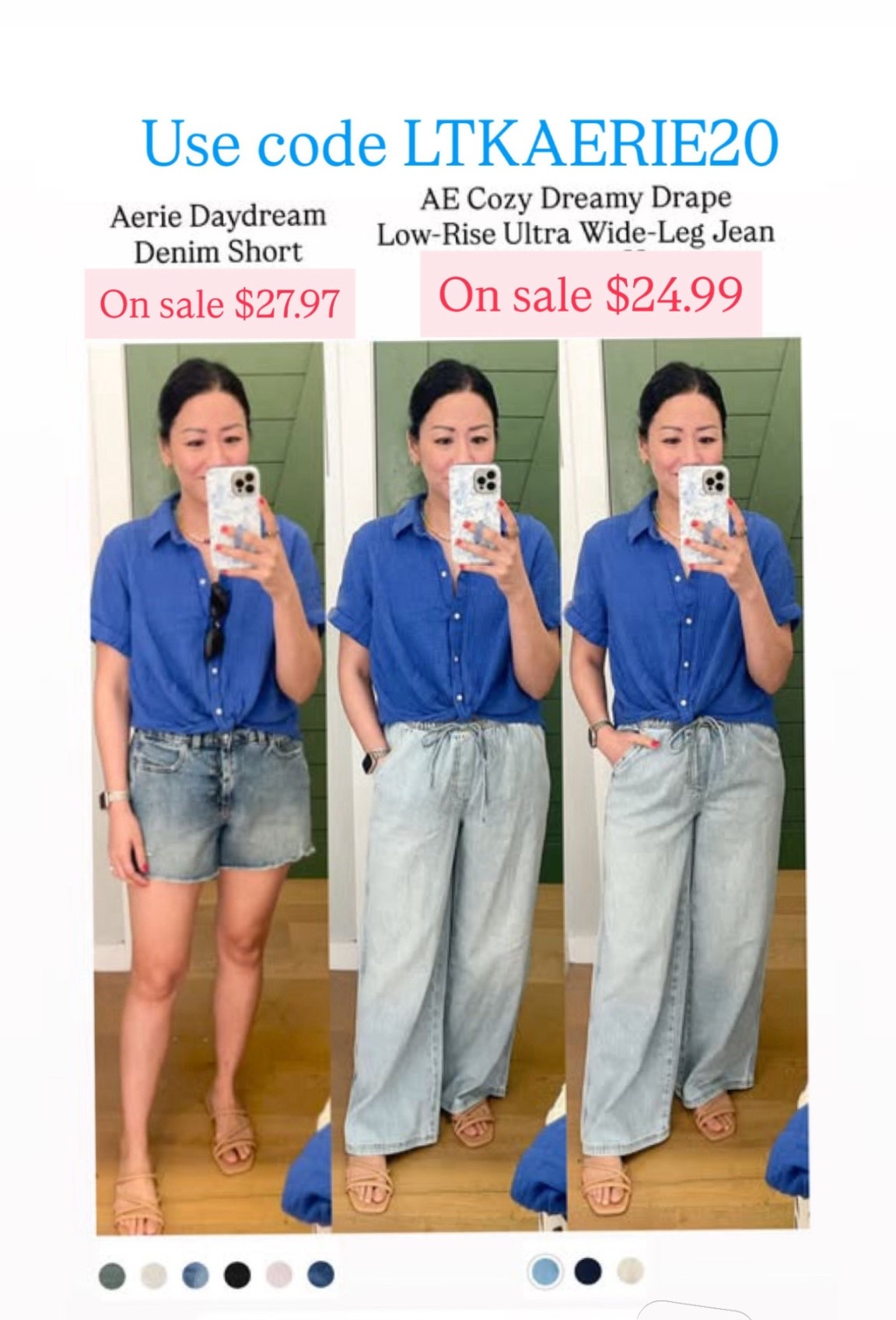 Size medium shorts (small fits but these tend to shrink)
Size XS jeans (center)
Size small jeans (right)


#LTKOver40 #LTKSaleAlert #LTKxAerie