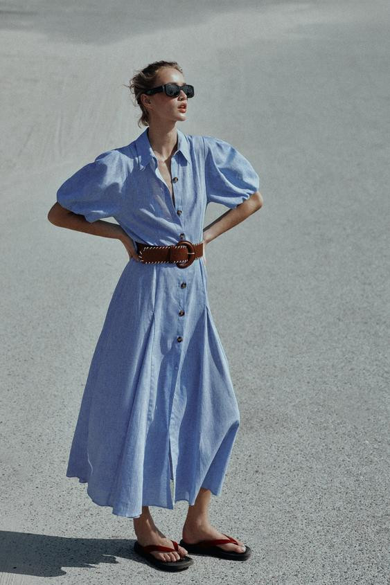 BELTED LINEN MIDI DRESS | Zara US