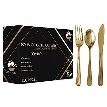 150pcs Premium Heavy-Duty Gold Plastic Silverware Gold Cutlery Set Includes 50 Forks, 50 Knives and  | Walmart (US)