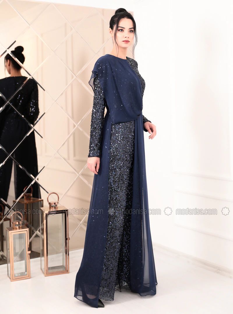 Navy Blue - Fully Lined - Crew neck - Chiffon - Muslim Evening Dress | Modanisa (US)