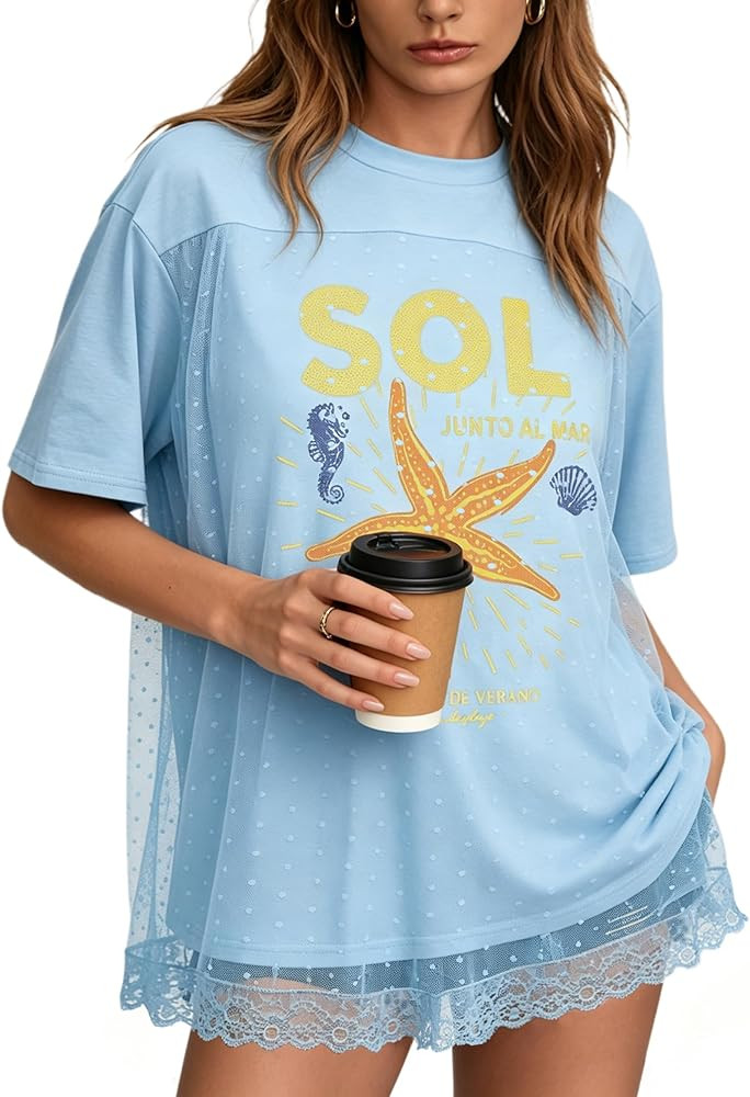 CSDAJIO Camisetas modernas de gran tama\u00f1o con cuello redondo para mujer, manga corta, holgad... | Amazon (US)
