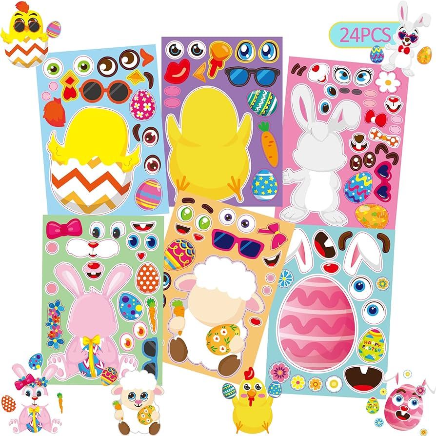 24sheets Easter Stickers Gifts for Kids, Easter Craft Kids Toys Can Make Own Face Easter Bunny Sh... | Amazon (US)