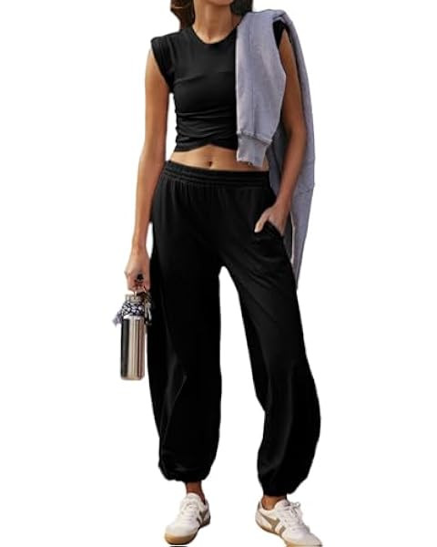 Womens 2 Piece Sweatsuits Hot Shot Sets Casual Workout Cropped Tee Top High Rise Sweatpants Athle... | Amazon (US)