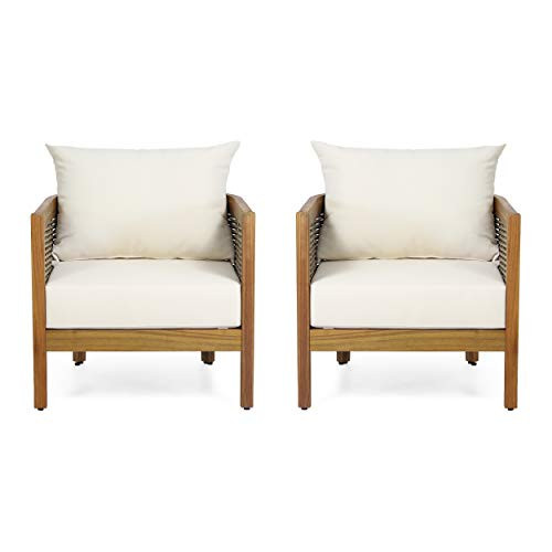 Burchett Outdoor Club Chair with Cushion - Acacia Wood and Wicker - Teak/Mixed Brown/Beige (Set of 2 | Amazon (US)