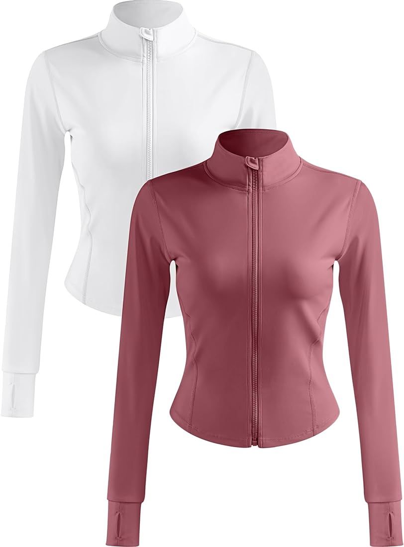 Locoowai 2 Pack Women's Workout Jackets, Long Sleeve Workout Tops with Thumb Holes, Full Zip Ligh... | Amazon (US)