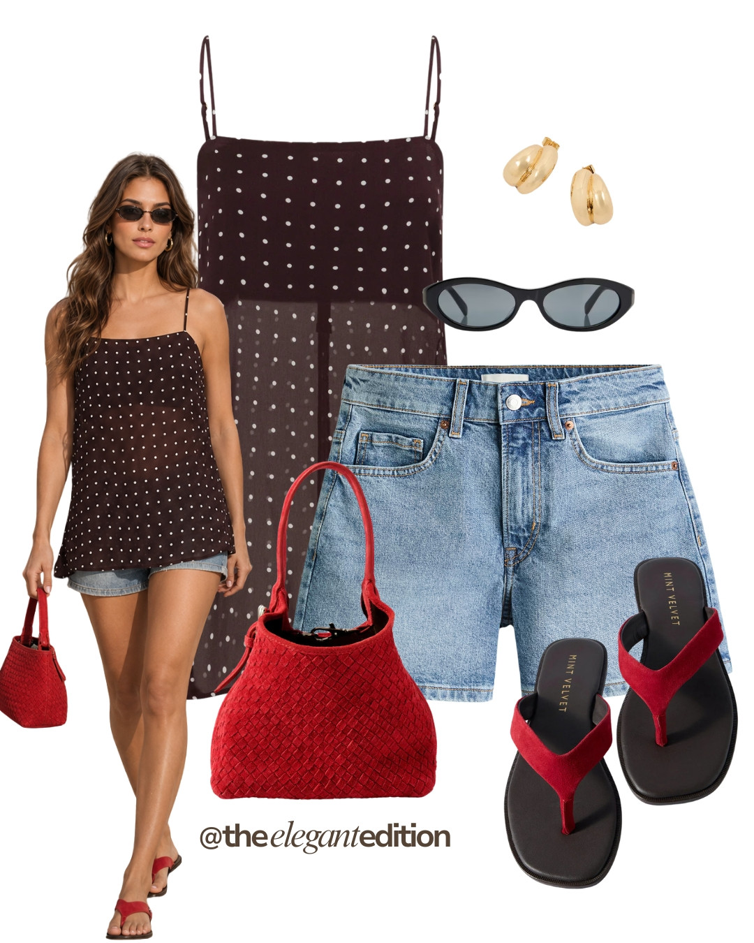 RED ACCENT LOOK 🤎❤️ — Polka dot sheer cami top, denim shorts, woven red bag and red flip flops. A playful pop of red for summer days.

#summeroutfit #oldmoney #quietluxury #LTKsummer #LTKstyletip 

 #LTKeurope #LTKsummer #LTKstyletip