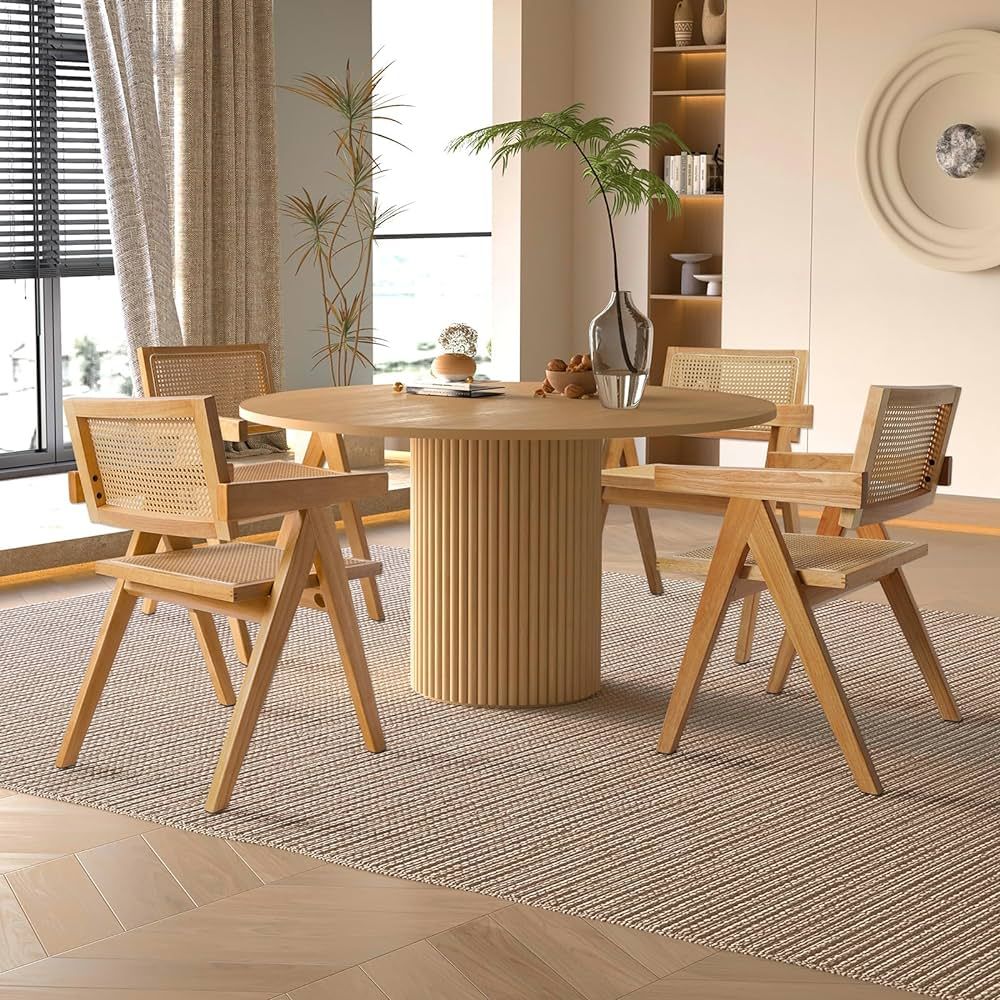 Rattan Dining Chairs Set of 4, Wooden Armchair Cane Kitchen Chairs with Arms, Light Walnut Color | Amazon (US)