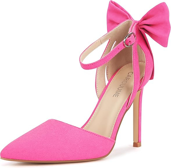 Carcuume Womens Bow Tie Back Heels Close Toe Pumps Stiletto High Heels Wedding Shoes Ankle Strap ... | Amazon (US)
