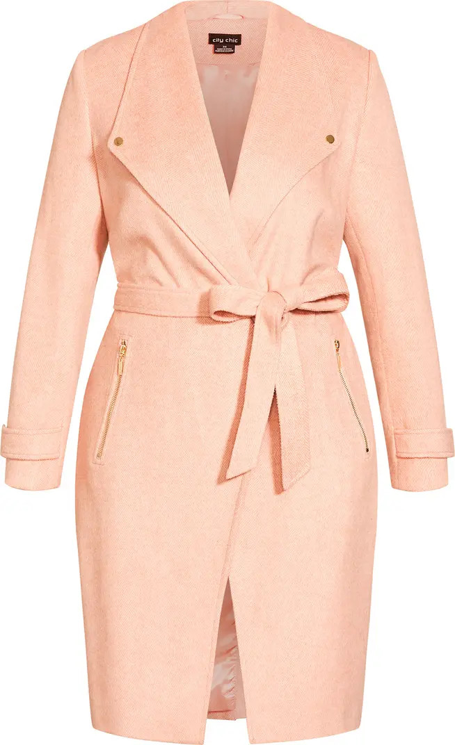 City Chic Isabella Herringbone Tie Waist Coat | Nordstrom | Nordstrom